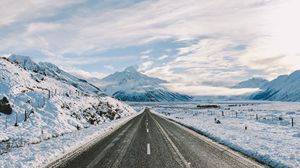 Preview wallpaper road, winter, mountains, marking, asphalt, snow