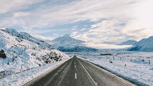 Preview wallpaper road, winter, mountains, marking, asphalt, snow