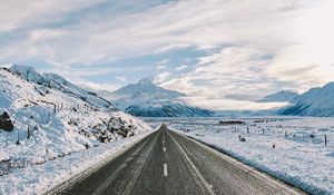 Preview wallpaper road, winter, mountains, marking, asphalt, snow