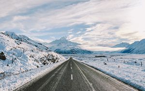 Preview wallpaper road, winter, mountains, marking, asphalt, snow