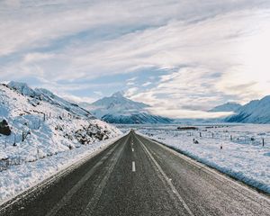 Preview wallpaper road, winter, mountains, marking, asphalt, snow