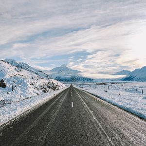 Preview wallpaper road, winter, mountains, marking, asphalt, snow