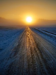 Preview wallpaper road, winter, snow, sunset, horizon