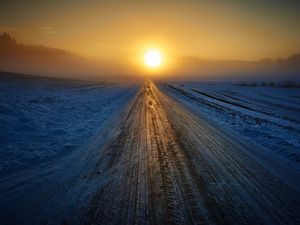 Preview wallpaper road, winter, snow, sunset, horizon