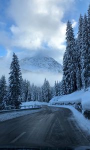 Preview wallpaper road, winter, snow, turn, mountains, trees