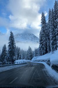 Preview wallpaper road, winter, snow, turn, mountains, trees