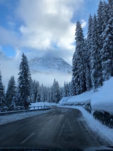 Preview wallpaper road, winter, snow, turn, mountains, trees