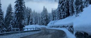 Preview wallpaper road, winter, snow, turn, mountains, trees