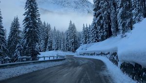Preview wallpaper road, winter, snow, turn, mountains, trees