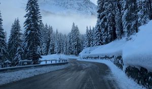 Preview wallpaper road, winter, snow, turn, mountains, trees