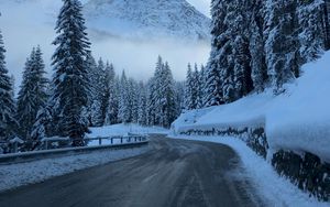 Preview wallpaper road, winter, snow, turn, mountains, trees