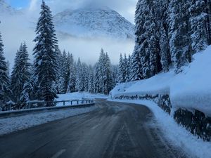 Preview wallpaper road, winter, snow, turn, mountains, trees