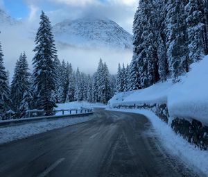 Preview wallpaper road, winter, snow, turn, mountains, trees