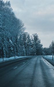 Preview wallpaper road, winter, trees, turn