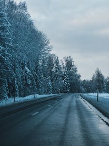 Preview wallpaper road, winter, trees, turn