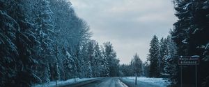 Preview wallpaper road, winter, trees, turn