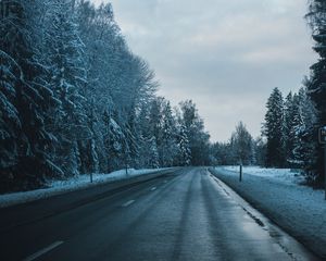 Preview wallpaper road, winter, trees, turn