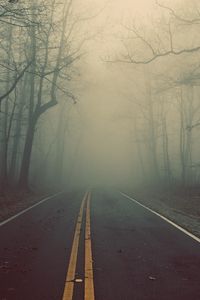 Preview wallpaper road, wood, fog, marking, lines, mysticism, riddle, haze