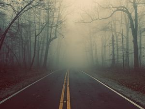Preview wallpaper road, wood, fog, marking, lines, mysticism, riddle, haze