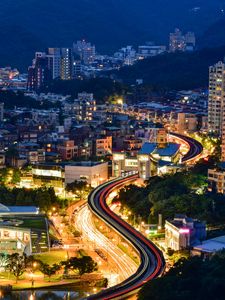 Preview wallpaper roads, buildings, houses, lights, long exposure, city