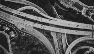 Preview wallpaper roads, cars, trees, black and white, aerial view