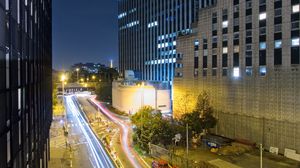 Preview wallpaper roads, lights, freezelight, buildings, city, night
