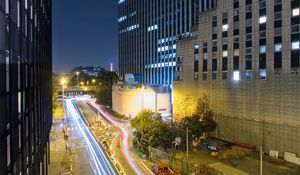 Preview wallpaper roads, lights, freezelight, buildings, city, night