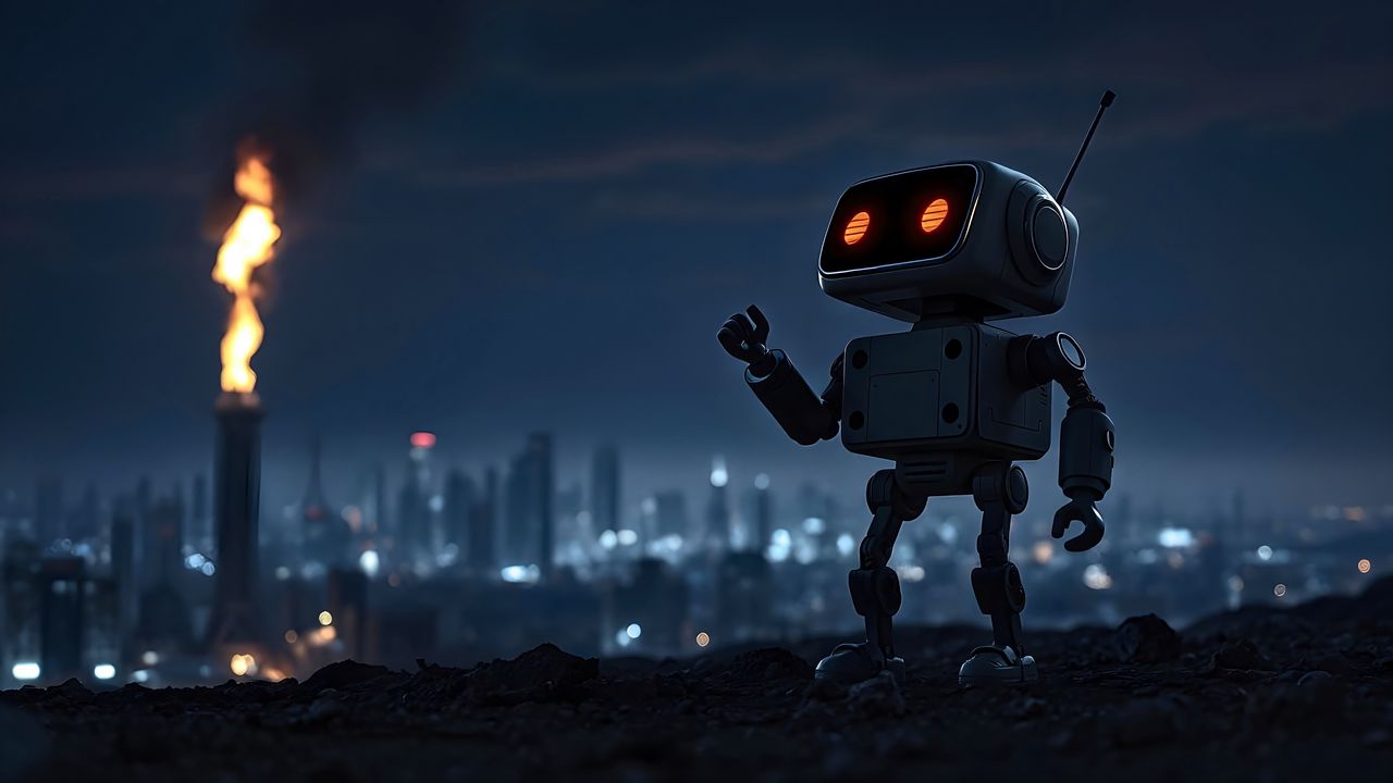 Wallpaper robot, city, night, lights, blur