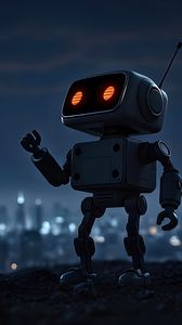 Preview wallpaper robot, city, night, lights, blur