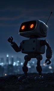 Preview wallpaper robot, city, night, lights, blur