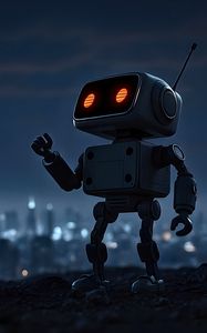 Preview wallpaper robot, city, night, lights, blur