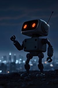 Preview wallpaper robot, city, night, lights, blur