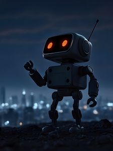 Preview wallpaper robot, city, night, lights, blur