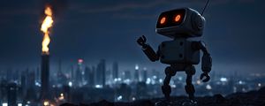 Preview wallpaper robot, city, night, lights, blur