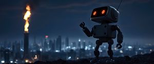 Preview wallpaper robot, city, night, lights, blur