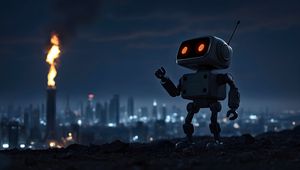 Preview wallpaper robot, city, night, lights, blur