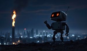 Preview wallpaper robot, city, night, lights, blur