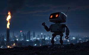 Preview wallpaper robot, city, night, lights, blur