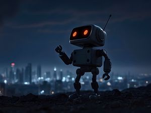 Preview wallpaper robot, city, night, lights, blur