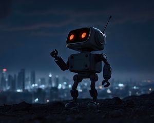 Preview wallpaper robot, city, night, lights, blur