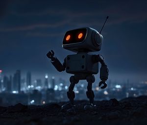 Preview wallpaper robot, city, night, lights, blur