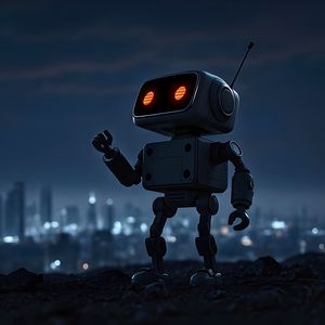 Preview wallpaper robot, city, night, lights, blur