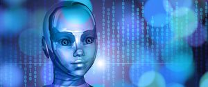 Preview wallpaper robot, cyborg, binary code, face, metal