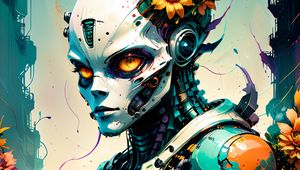 Preview wallpaper robot, flowers, paint, art