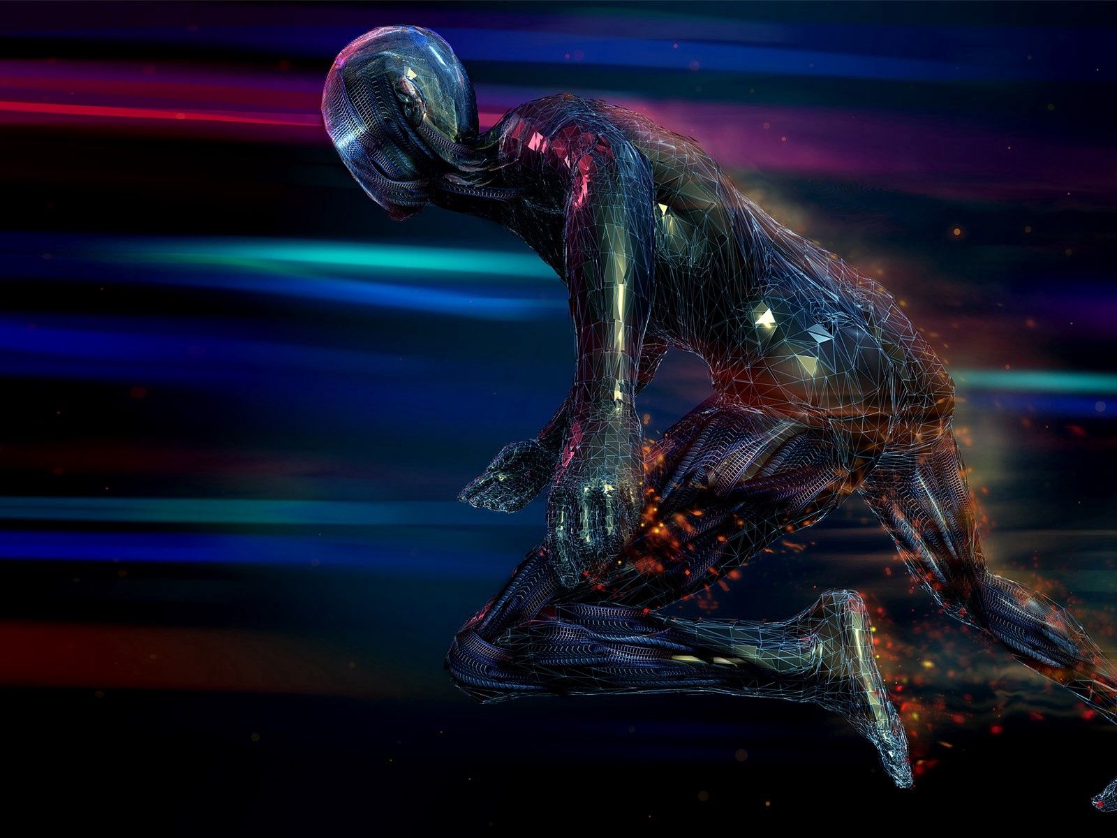 Download wallpaper 1600x1200 robot, person, image, metal, dark standard