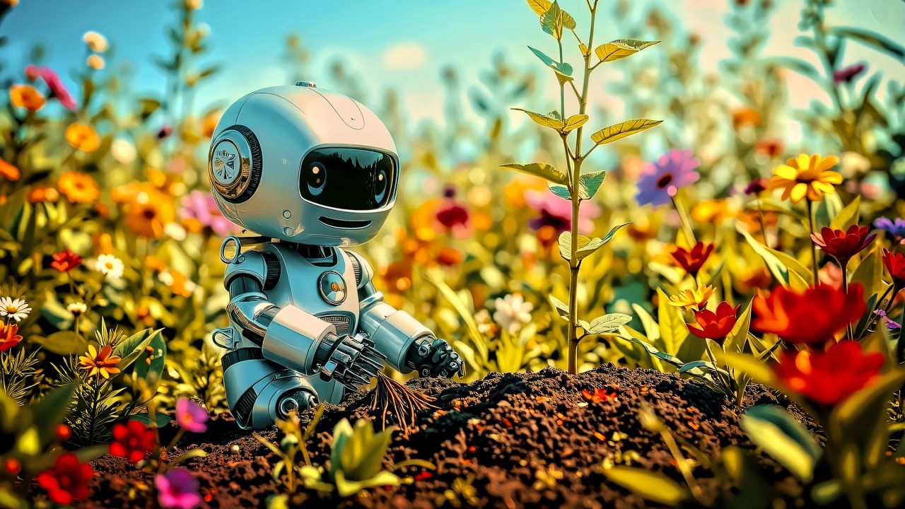 Wallpaper robot, plants, flowers