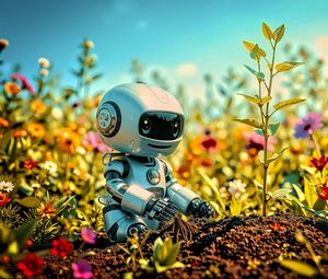 Preview wallpaper robot, plants, flowers