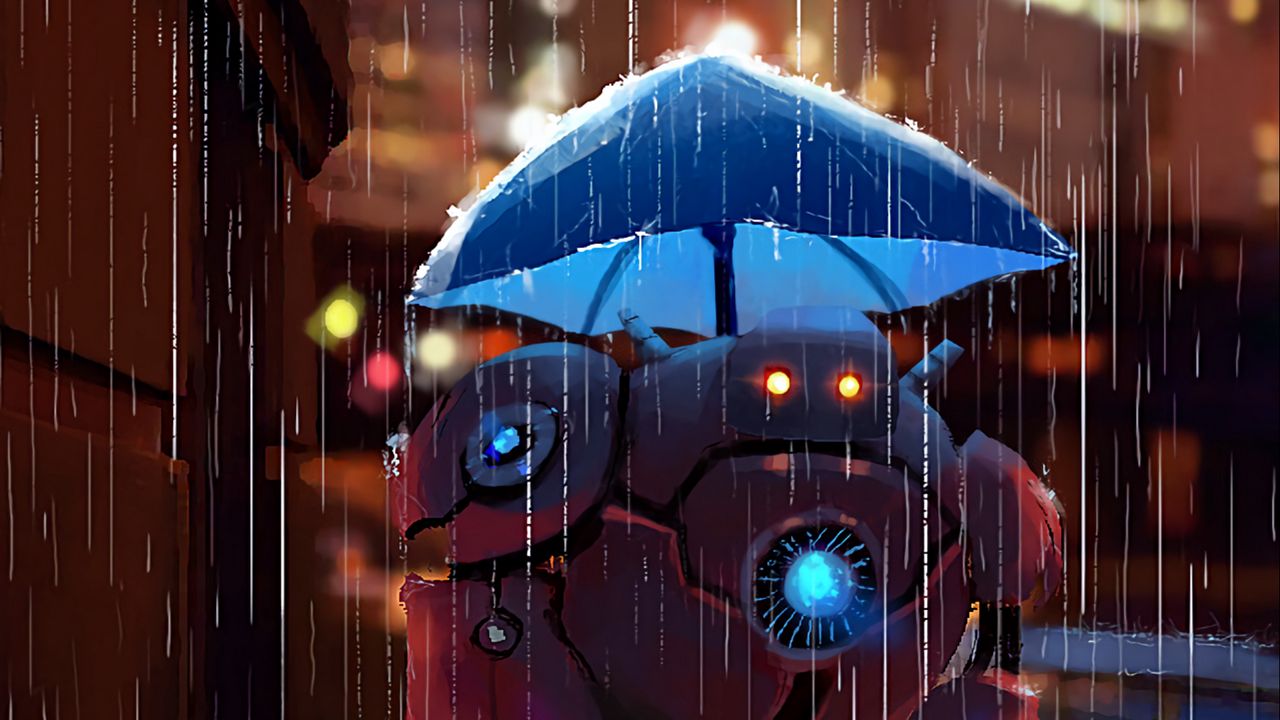 Wallpaper robot, street, rain, art, umbrella