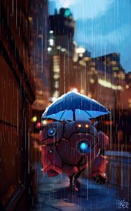 Preview wallpaper robot, street, rain, art, umbrella