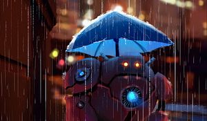 Preview wallpaper robot, street, rain, art, umbrella